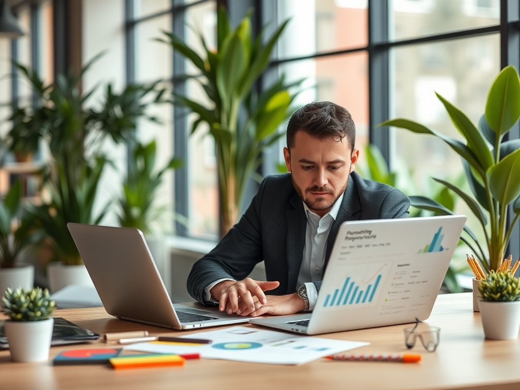 Как рассчитать окупаемость инвестиционной квартиры Мужчина в офисе работает за ноутбуком, анализируя графики и диаграммы на экране. Рядом зелёные растения.