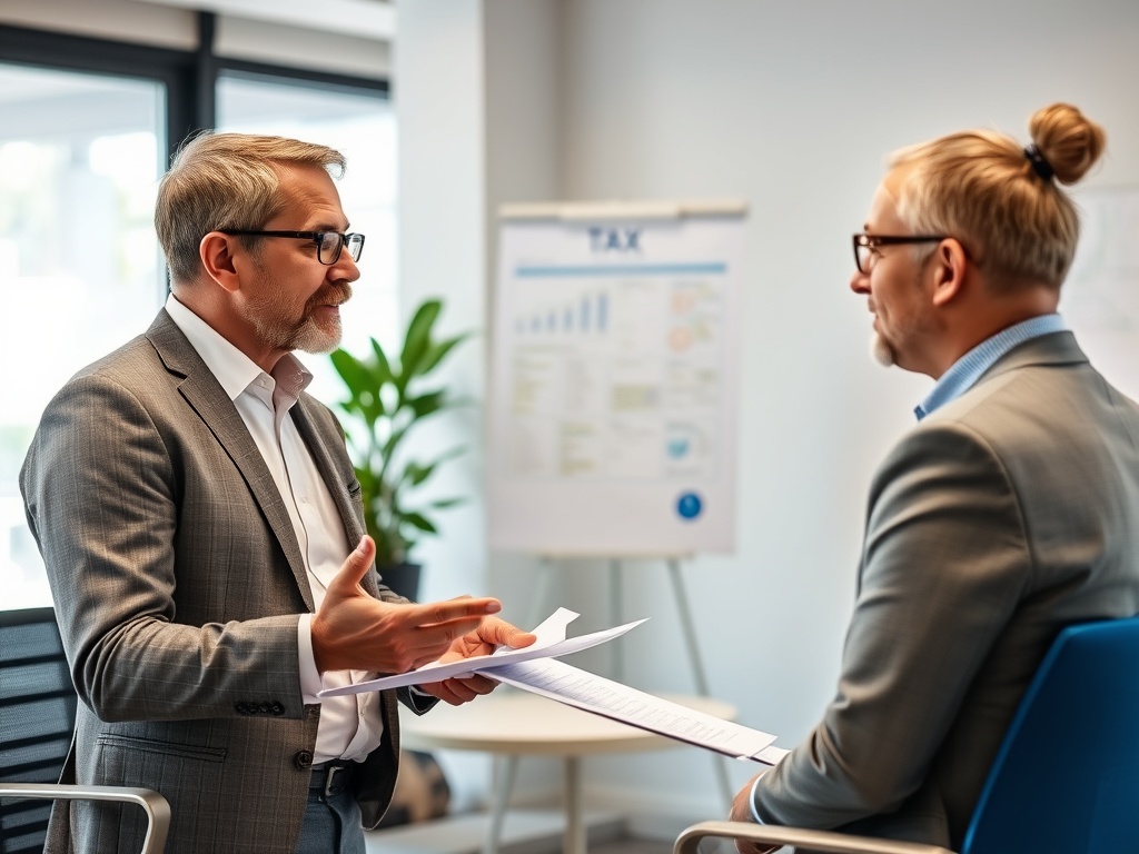 Как оформить налоговый вычет за квартиру Два человека в деловых костюмах беседуют в офисе, обсуждая документы и идеи. На заднем плане - графики.