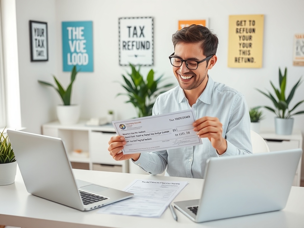 Как оформить налоговый вычет за квартиру На картинке мужчина в очках улыбается, держа чек в офисе с растениями и компьютерами.