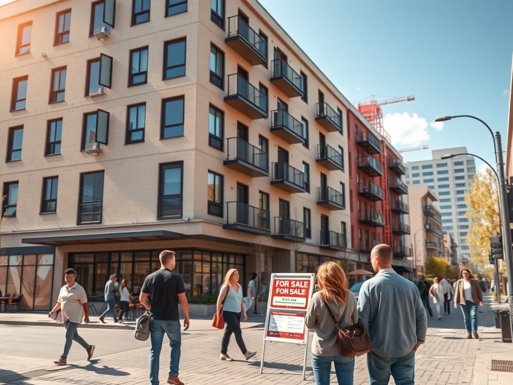 Какие есть виды ипотечных программ в России На изображении люди прогуливаются мимо зданий с вывеской "Продается" на переднем плане.