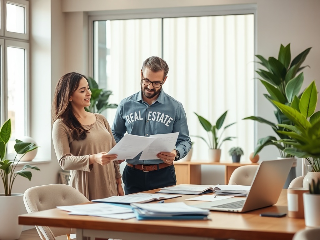 Покупка квартиры в доме с проблемным застройщиком в прошлом Молодая пара обсуждает документы на столе в светлом офисе с растениями и ноутбуком.
