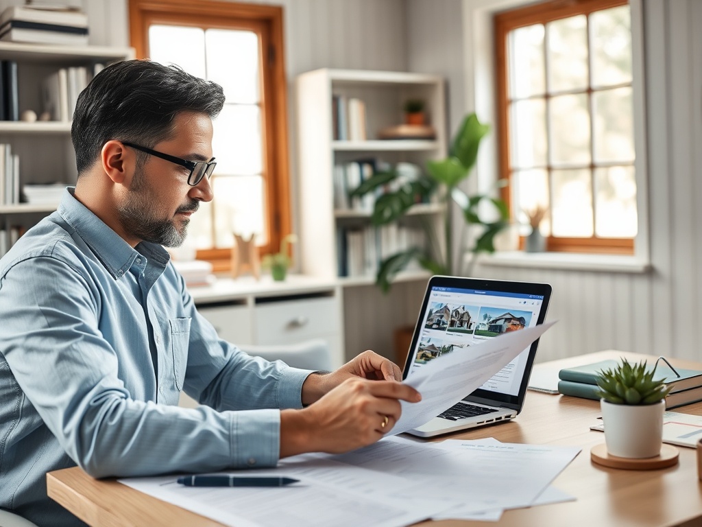 Мужчина в очках работает с документами и ноутбуком на столе, в кабинете с окнами.