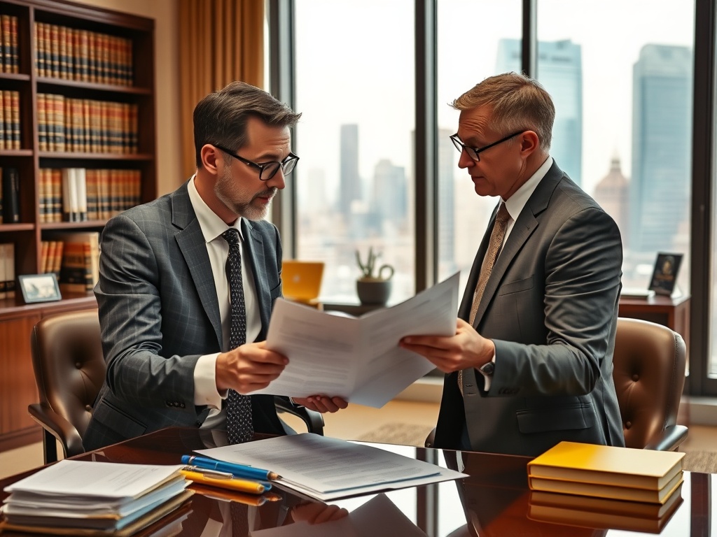 Покупка квартиры в доме с проблемным застройщиком в прошлом Два человека в костюмах обсуждают документы в офисе с видом на городской пейзаж через окно.
