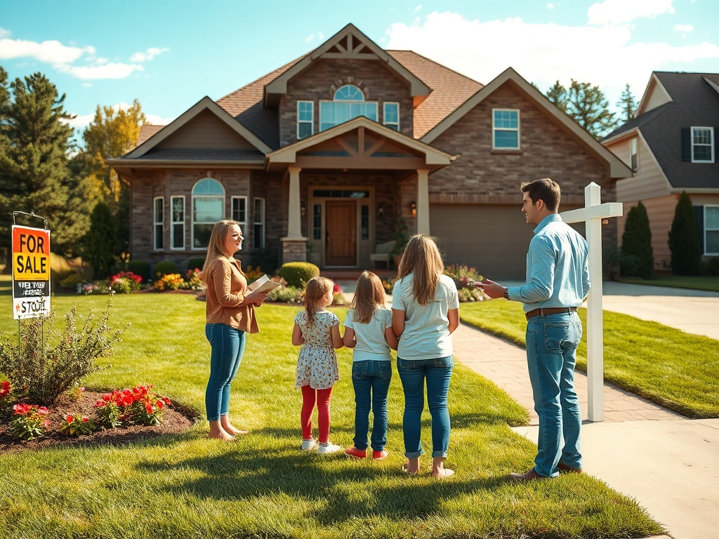 Семья смотрит на дом с табличкой "Продается" на фоне солнечного дня и зеленого газона.