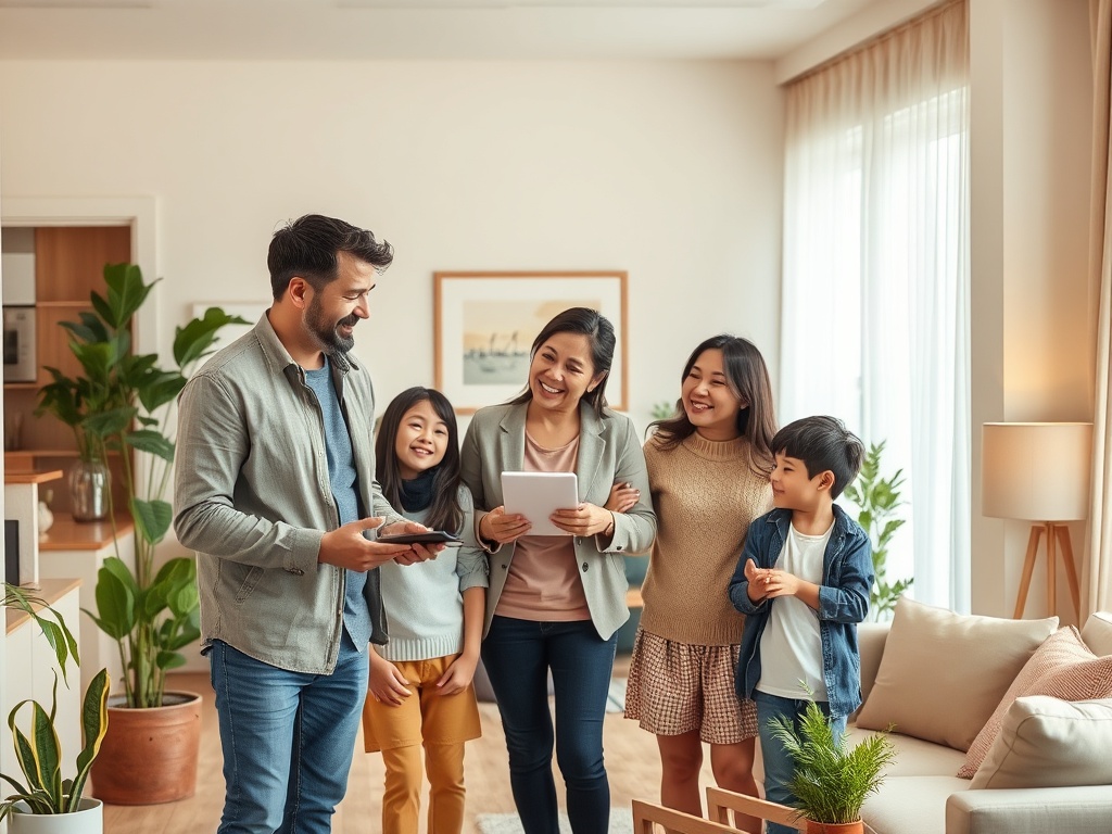 Покупка квартиры в доме с ограниченным количеством входных групп Семья улыбается и общается в уютной гостиной, окружённой растениями и светлым интерьером.