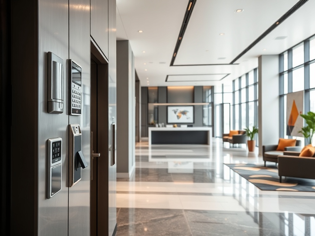 Покупка квартиры в доме с ограниченным количеством входных групп Современный холл с большим количеством света, стильной мебелью и рецепцией на фоне стеклянной стены.