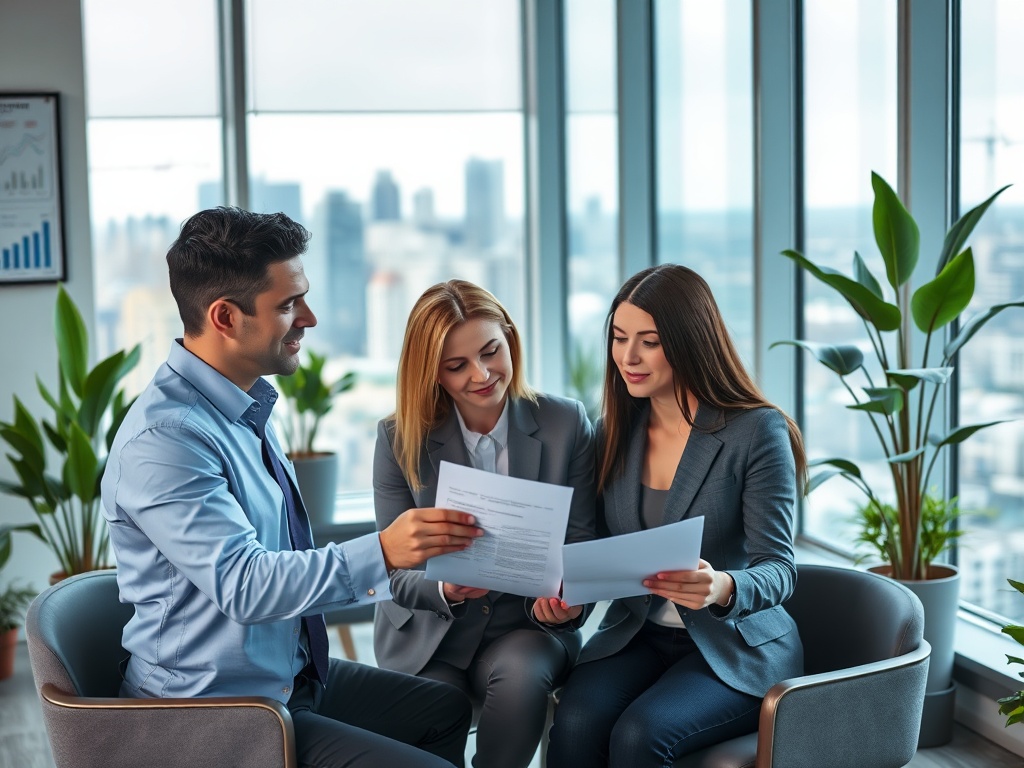 Какие есть виды ипотечных программ в России Два человека обсуждают документы с мужчиной в офисе с большими окнами и растениями.